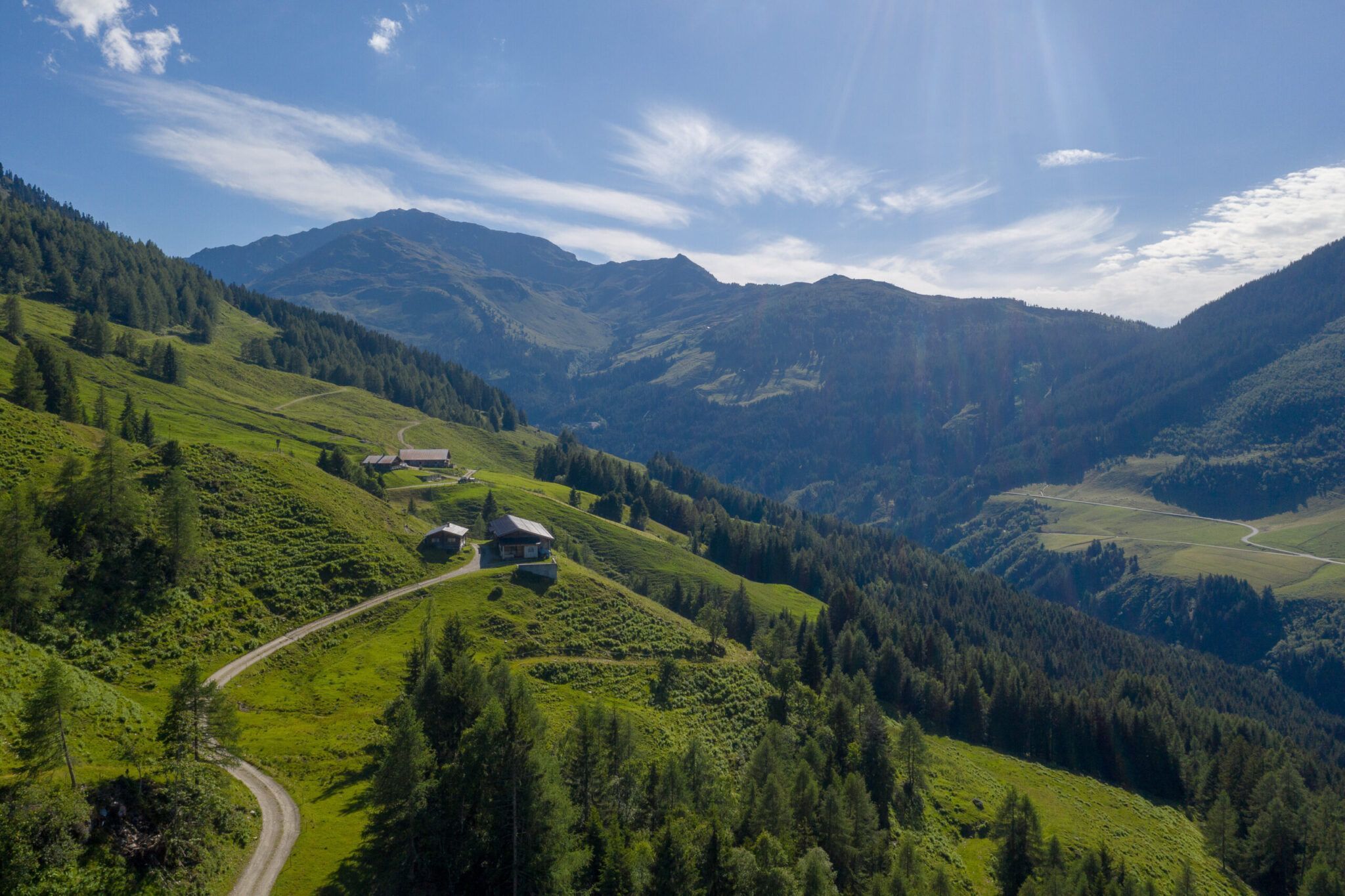 Eine malerische Alpenlandschaft bietet sanfte grüne Hügel, verstreute Häuser, kurvige Straßen, dichte Wälder und Berggipfel unter einem blauen Himmel.