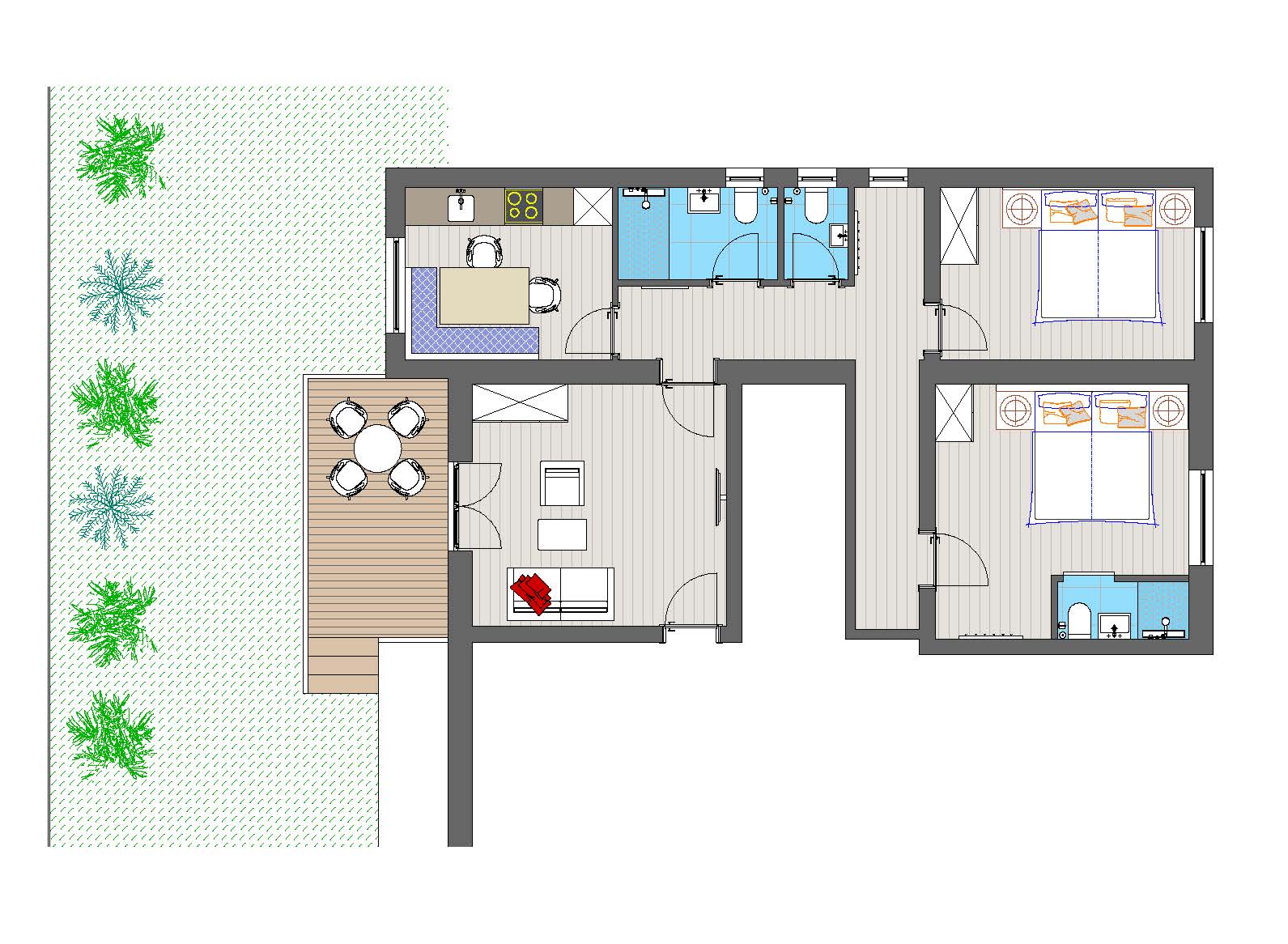 Ein Grundriss eines Hauses mit zwei Schlafzimmern, einer Küche, einem Wohnzimmer, zwei Badezimmern und einem Außenterrassenbereich mit Essplatz und umgebendem Grün.