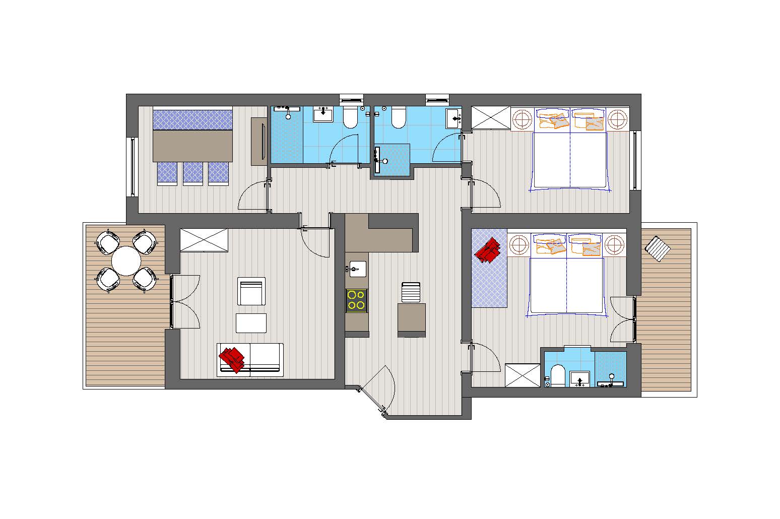 Ein Grundriss von oben eines Hauses mit zwei Schlafzimmern, zwei Bädern, einer Küche und Wohnbereichen mit Möbeln und einem Balkon.