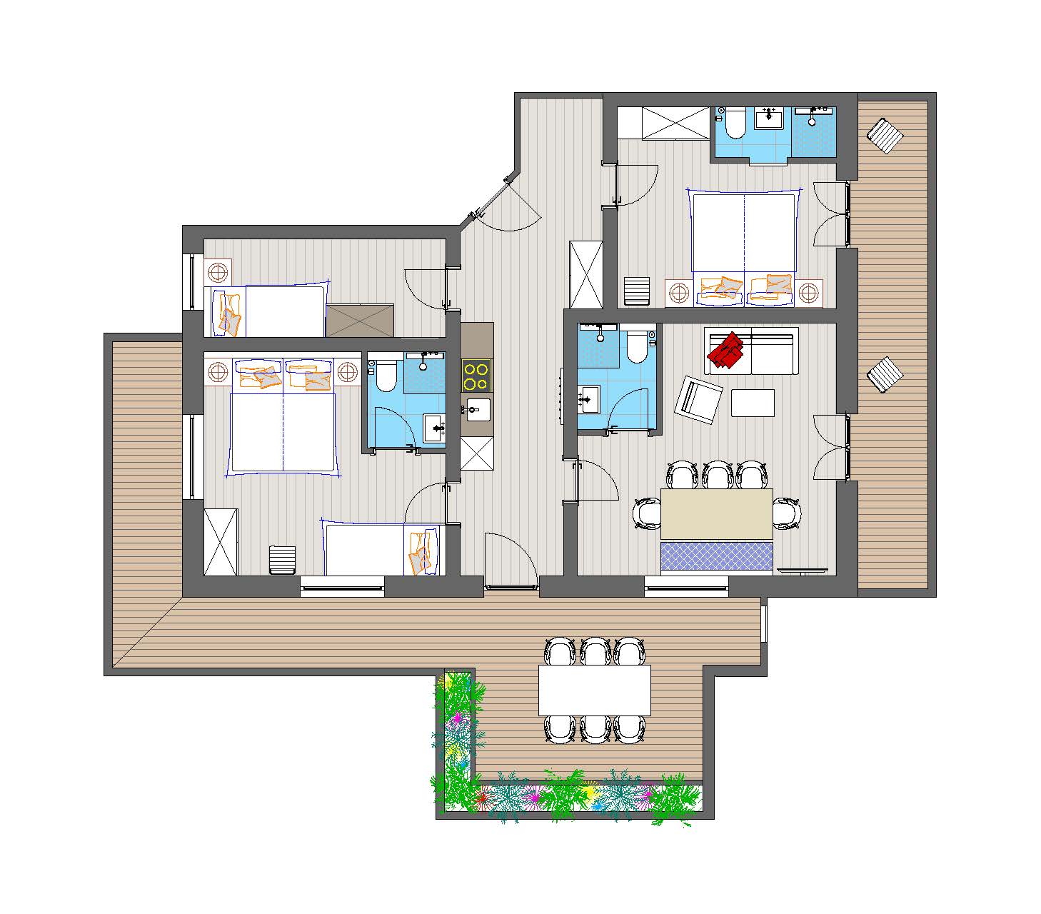 Ein Grundriss, der ein Haus mit drei Schlafzimmern, zwei Bädern, einer Küche, einem Essbereich und einer Außenterrasse zeigt.