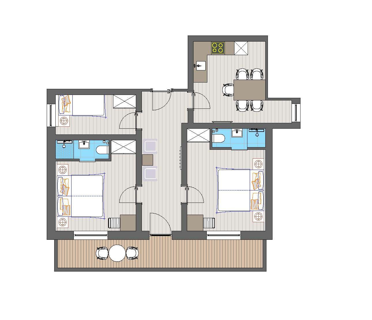 Der Grundriss zeigt zwei Schlafzimmer, zwei Bäder, eine Küche mit Essbereich und einen Balkon mit Sitzgelegenheiten.