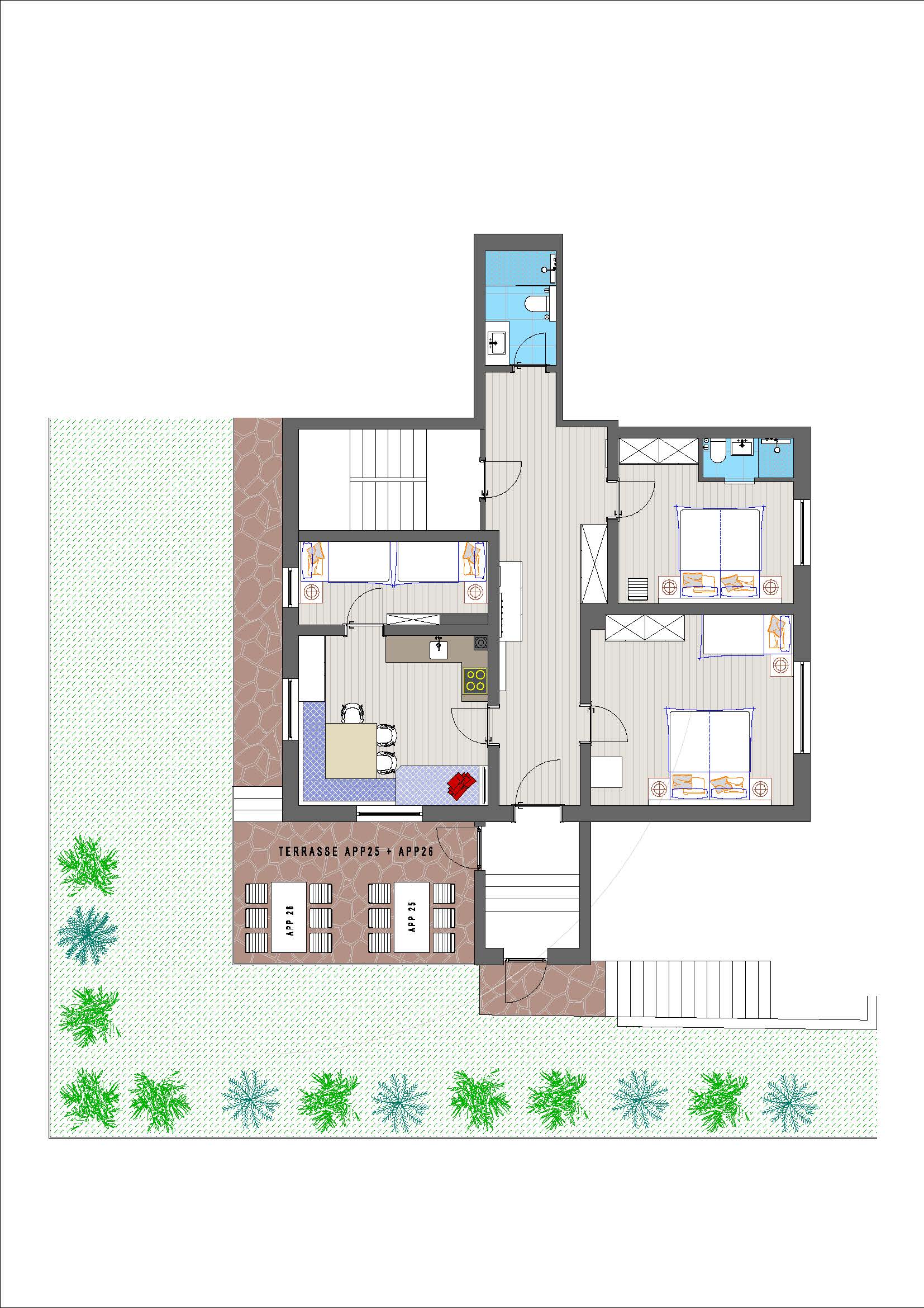 Ein Grundriss mit drei Schlafzimmern, einem Badezimmer, einem Wohnbereich, einer Küche, einer Terrasse und einer Grünfläche im Freien.